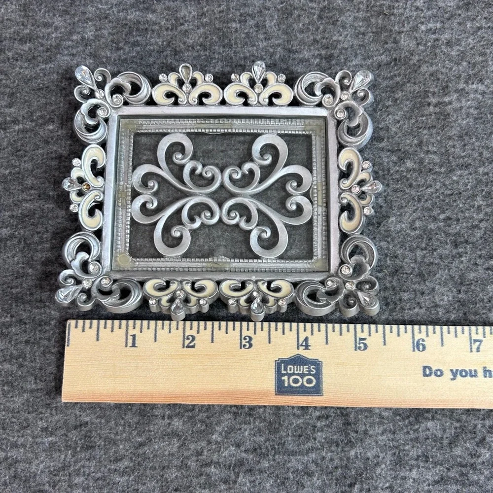 Vintage Ornate Silver Metal Picture Frame Rhinestone Enamel Scrollwork 5.5x4.5
